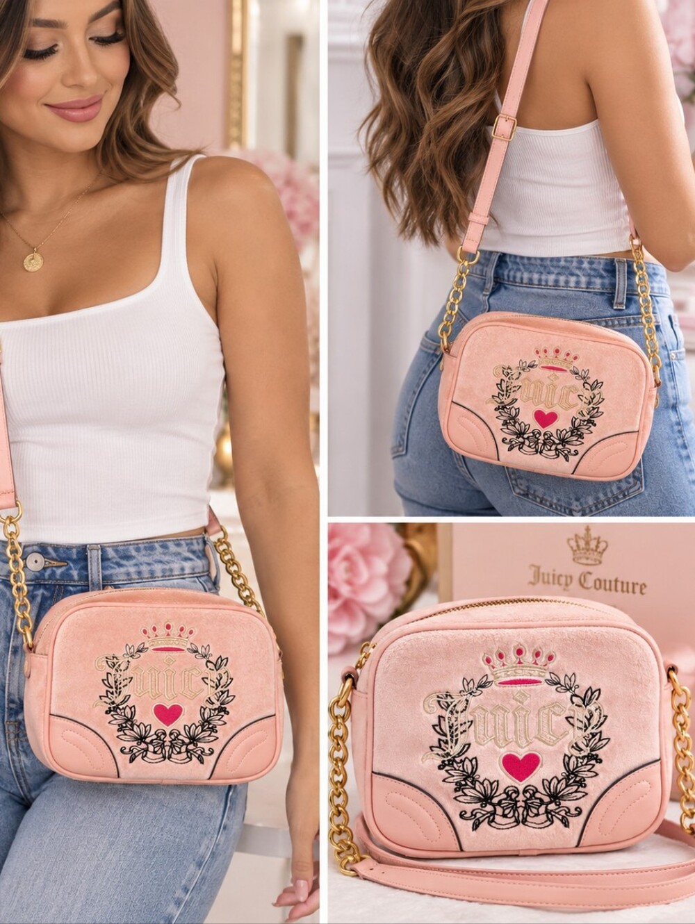 Juicy Couture Blush Pink Embroidered Suede/Velour Crossbody Bag - Picture 3 of 6